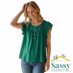 Ann Taylor LOFT Green Ruffle Sleeve Button Front Top Size SP Rayon Blend EUC